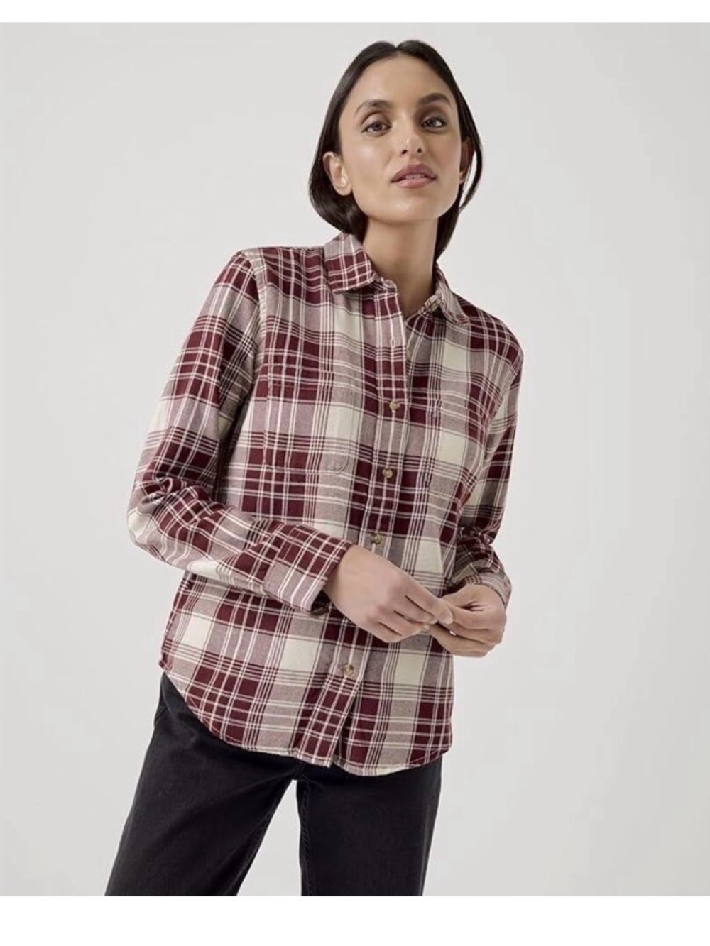 Pact Organic Cotton Flannel Shirt Burgundy Plaid Oversized Cottagecore Cabincore